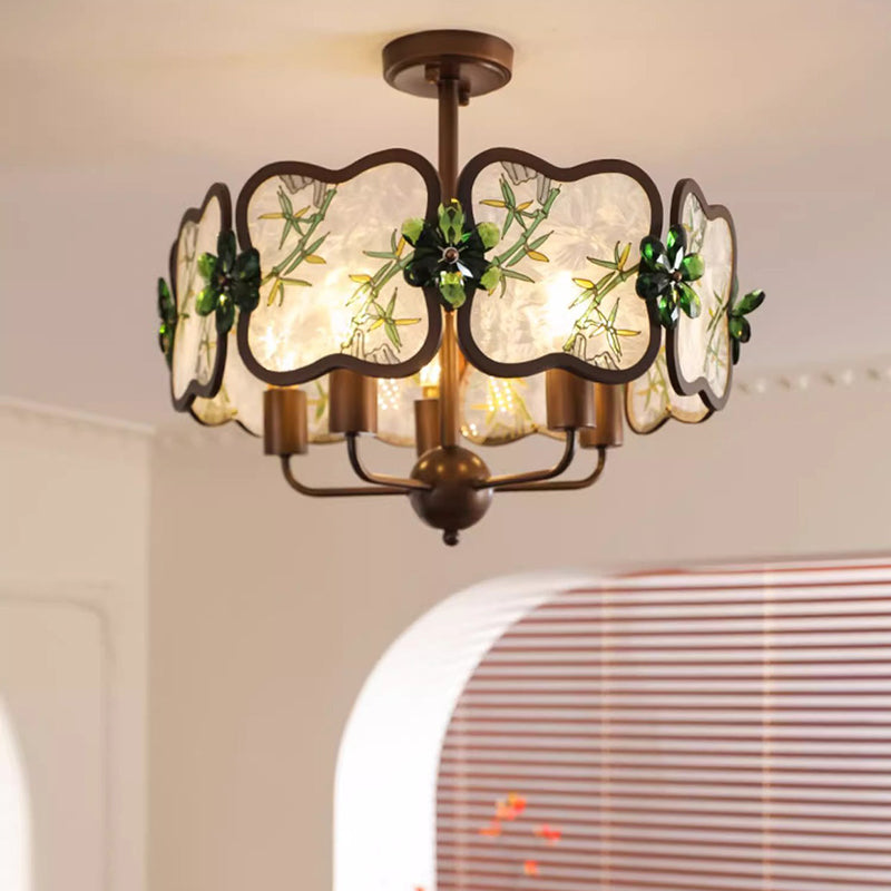 Lustre à 5/8 lumières en fer, acrylique et cristal, motif trèfle, émail chinois traditionnel, pour salon 