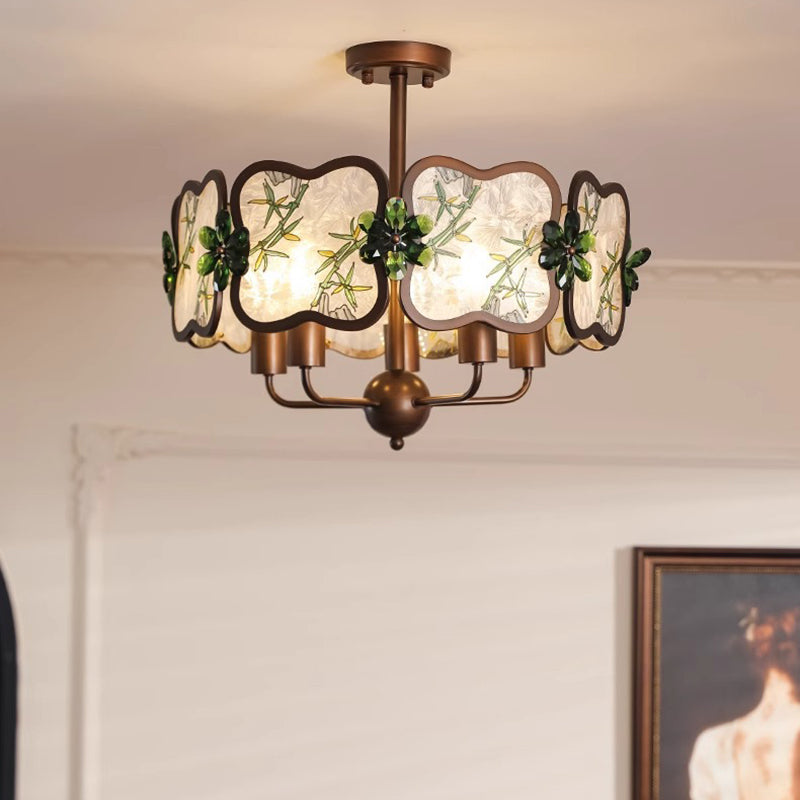 Lustre à 5/8 lumières en fer, acrylique et cristal, motif trèfle, émail chinois traditionnel, pour salon 