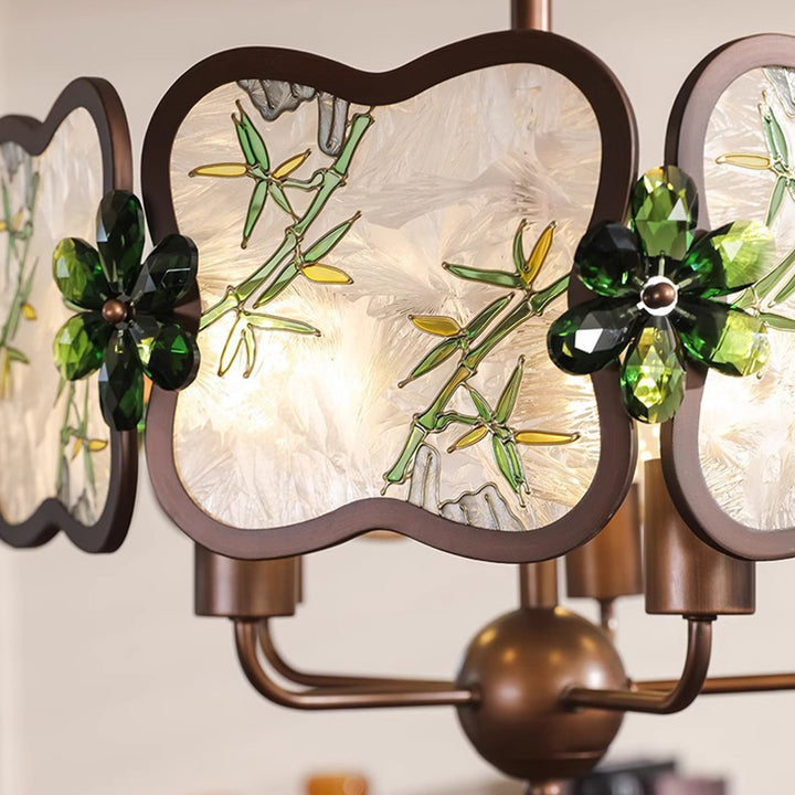 Lustre à 5/8 lumières en fer, acrylique et cristal, motif trèfle, émail chinois traditionnel, pour salon 