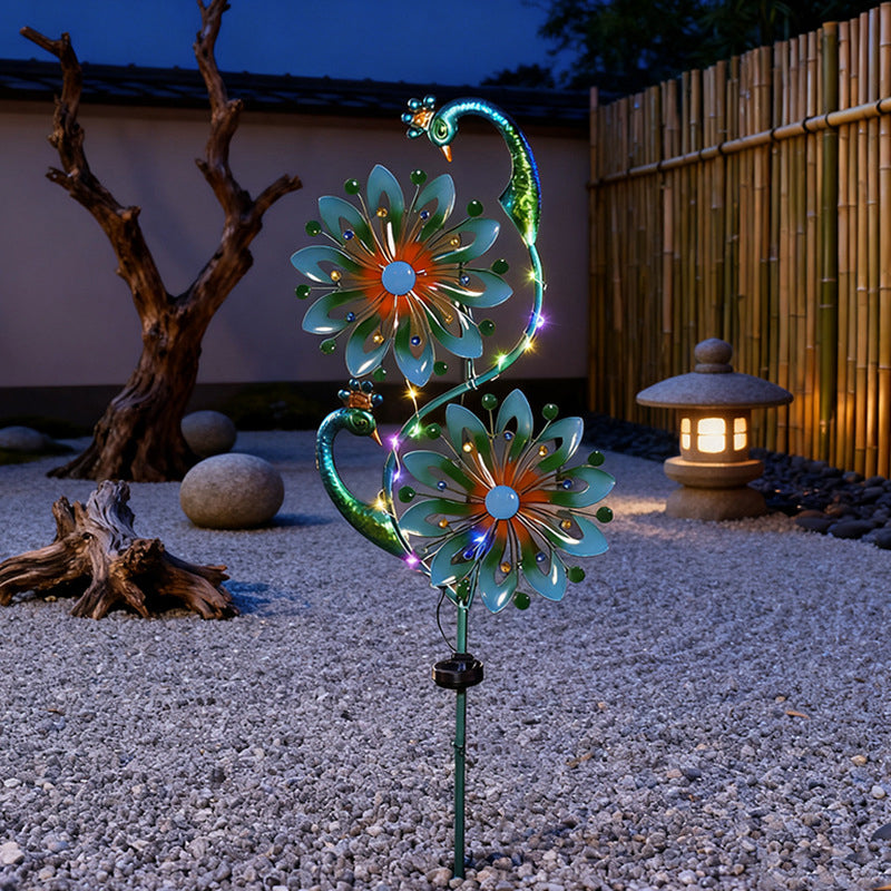 Modern Art Deco Waterproof Solar Peacock Windmill Iron ABS LED Outdoor Light Landscape Lighting For Garden
