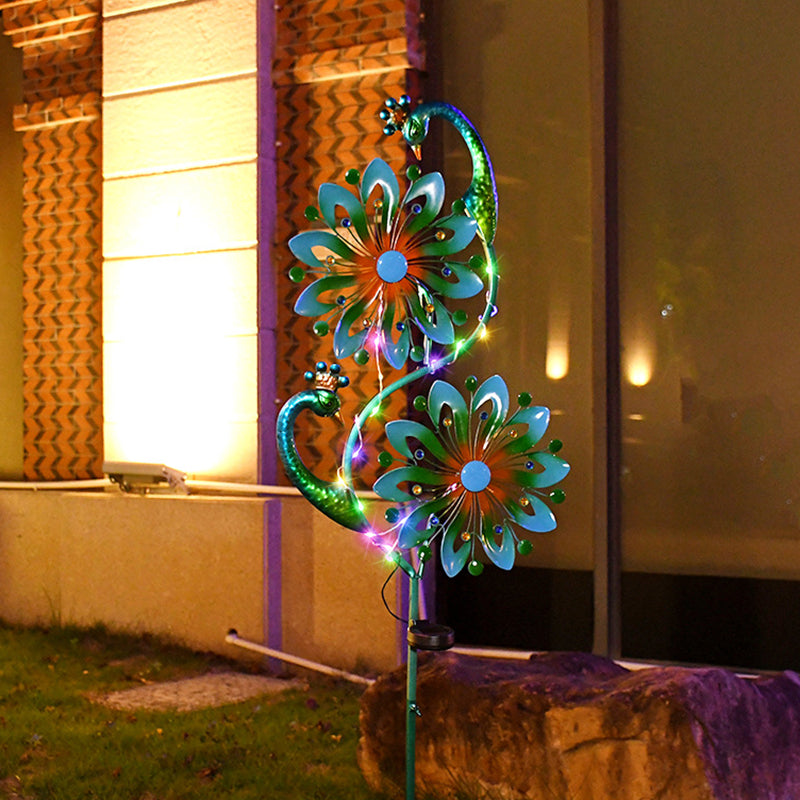 Modern Art Deco Waterproof Solar Peacock Windmill Iron ABS LED Outdoor Light Landscape Lighting For Garden