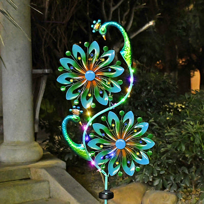 Modern Art Deco Waterproof Solar Peacock Windmill Iron ABS LED Outdoor Light Landscape Lighting For Garden