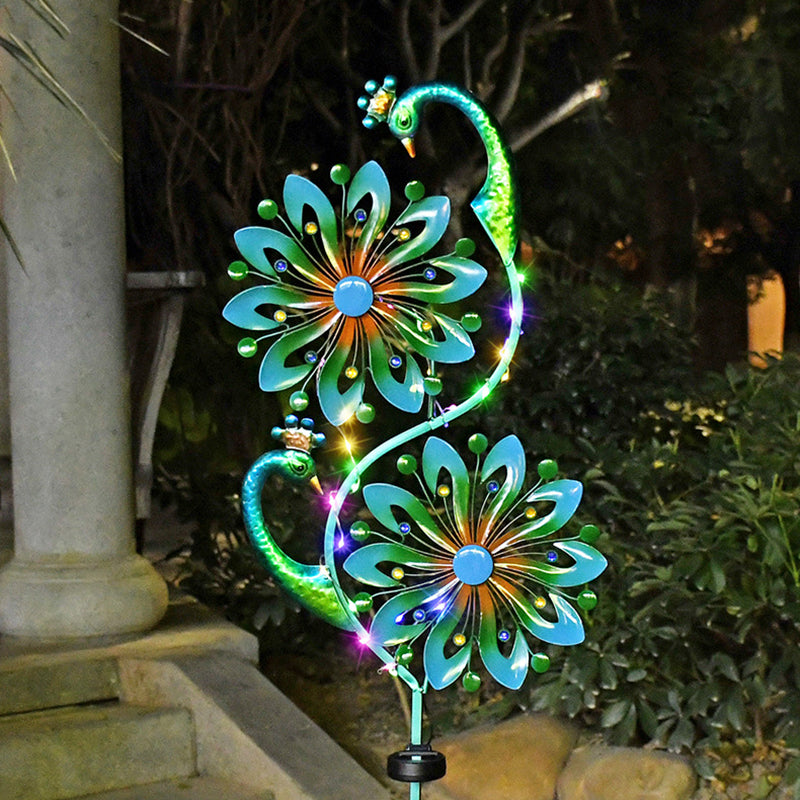 Modern Art Deco Waterproof Solar Peacock Windmill Iron ABS LED Outdoor Light Landscape Lighting For Garden