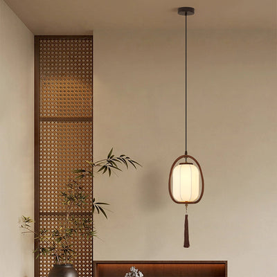 Traditional Chinese Oval Lantern Ash Wood Fabric Hardware 1-Light Pendant Light For Living Room