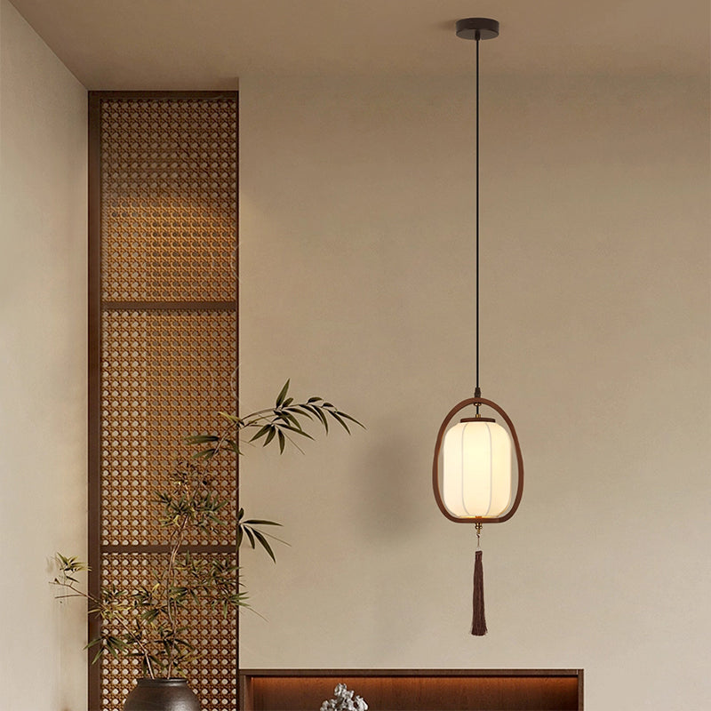 Traditional Chinese Oval Lantern Ash Wood Fabric Hardware 1-Light Pendant Light For Living Room