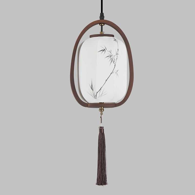 Traditional Chinese Oval Lantern Ash Wood Fabric Hardware 1-Light Pendant Light For Living Room