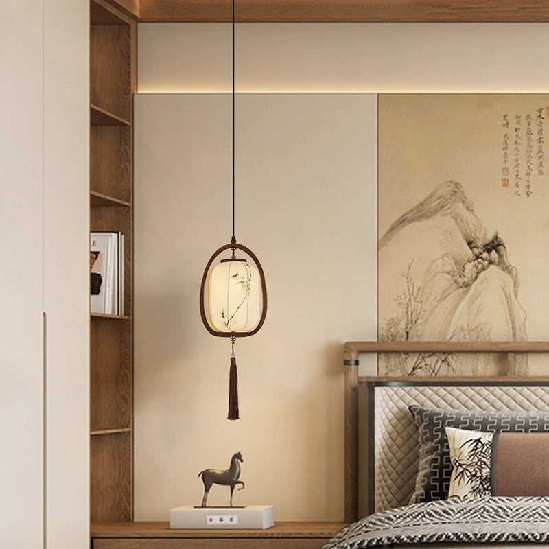 Traditional Chinese Oval Lantern Ash Wood Fabric Hardware 1-Light Pendant Light For Living Room