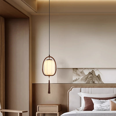 Traditional Chinese Oval Lantern Ash Wood Fabric Hardware 1-Light Pendant Light For Living Room