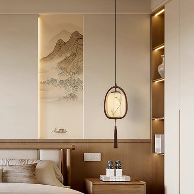 Traditional Chinese Oval Lantern Ash Wood Fabric Hardware 1-Light Pendant Light For Living Room