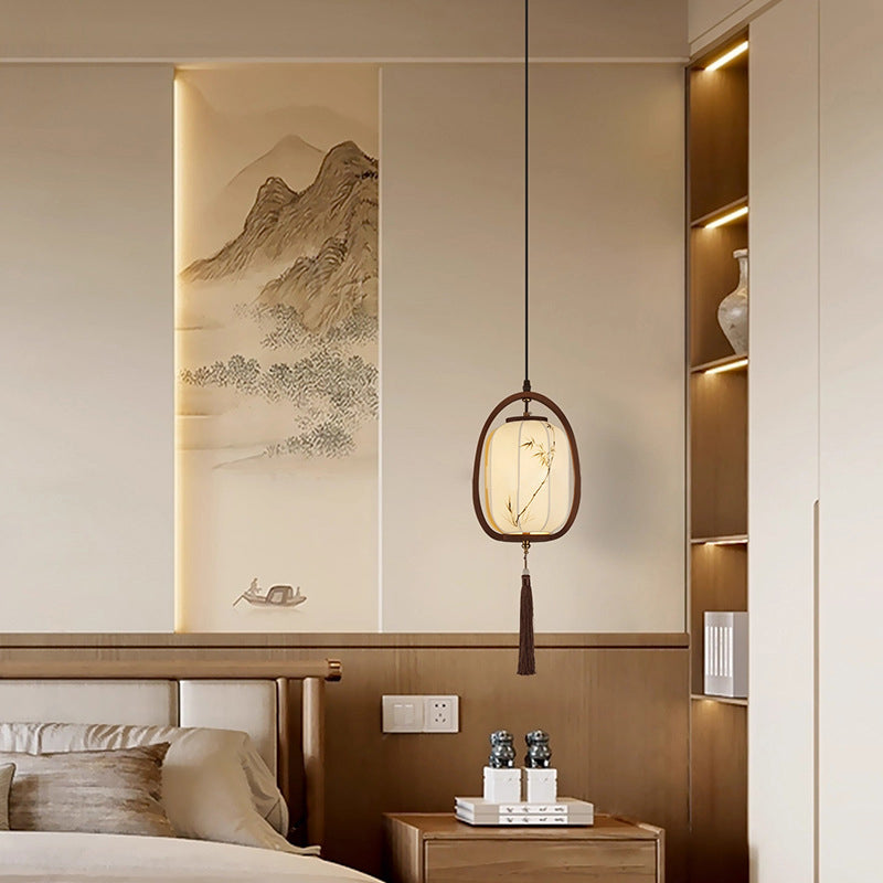 Traditional Chinese Oval Lantern Ash Wood Fabric Hardware 1-Light Pendant Light For Living Room