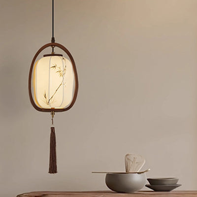 Traditional Chinese Oval Lantern Ash Wood Fabric Hardware 1-Light Pendant Light For Living Room