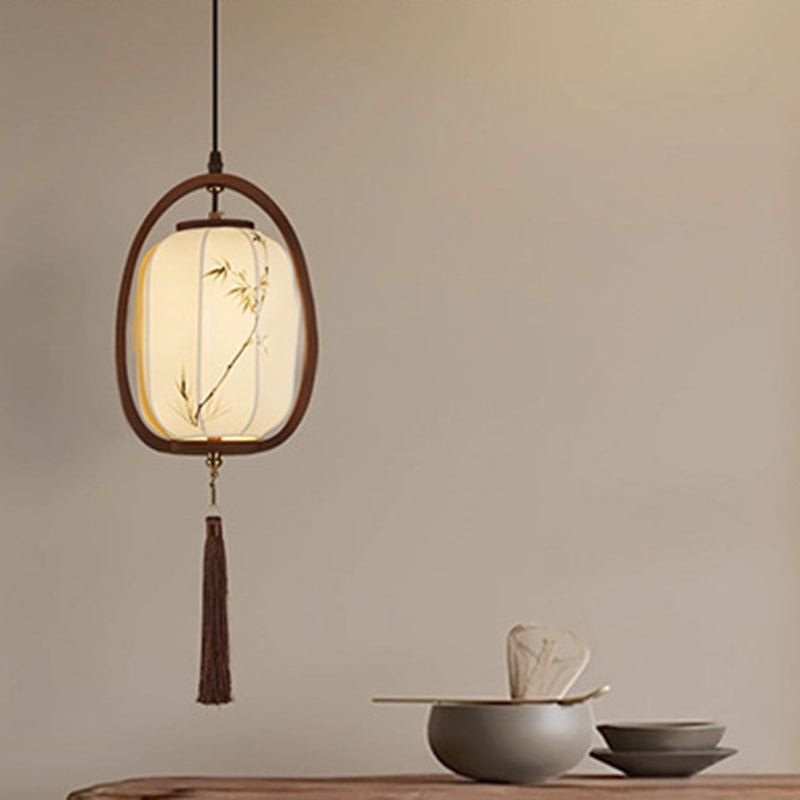 Traditional Chinese Oval Lantern Ash Wood Fabric Hardware 1-Light Pendant Light For Living Room