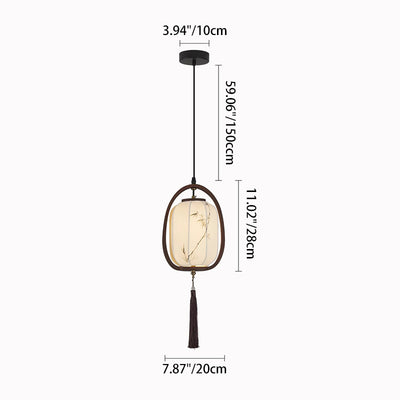Traditional Chinese Oval Lantern Ash Wood Fabric Hardware 1-Light Pendant Light For Living Room