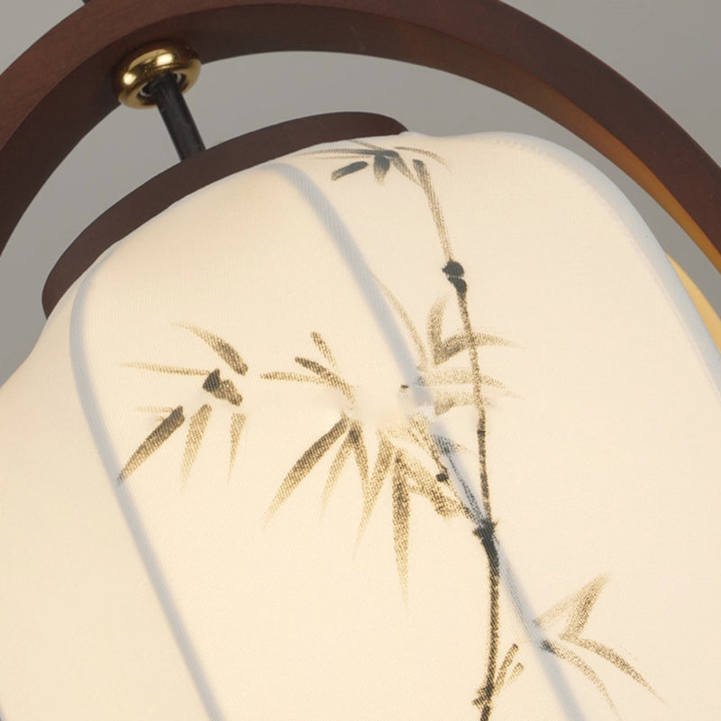 Traditionelle chinesische ovale Laterne aus Eschenholz Stoff Hardware 1-Licht Pendelleuchte für Wohnzimmer 