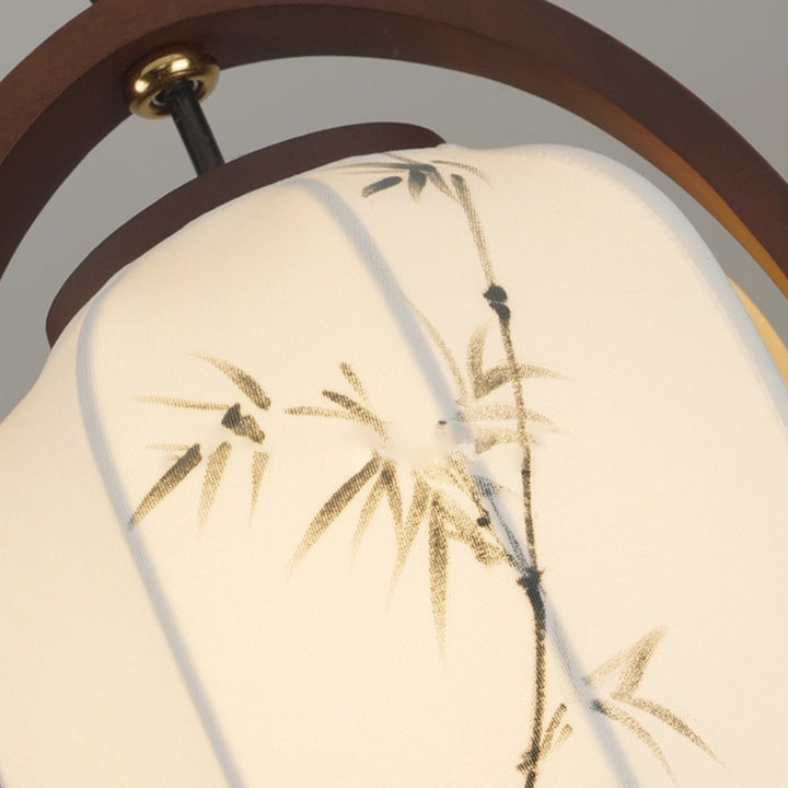 Traditionelle chinesische ovale Laterne aus Eschenholz Stoff Hardware 1-Licht Pendelleuchte für Wohnzimmer 