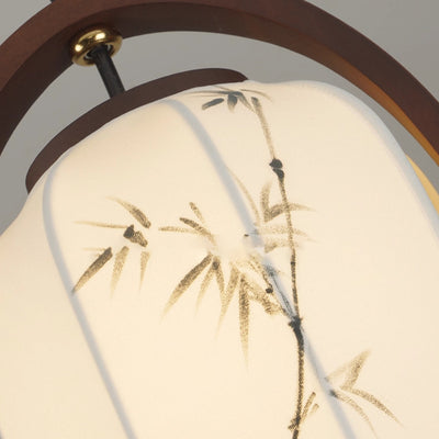 Traditional Chinese Oval Lantern Ash Wood Fabric Hardware 1-Light Pendant Light For Living Room