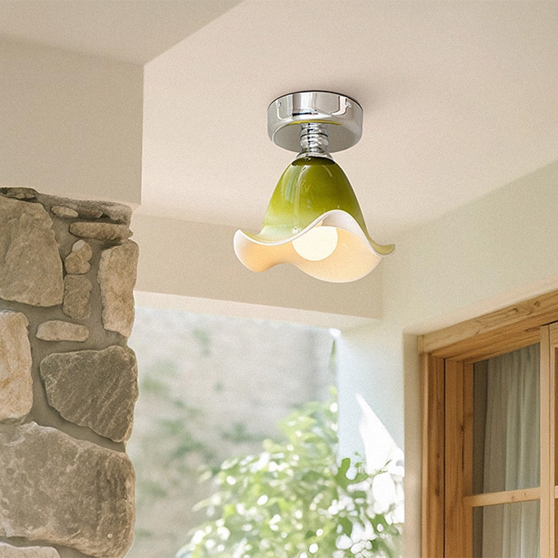 Traditional French Flower Iron Glass 1-Light Semi-Flush Mount Ceiling Light For Hallway