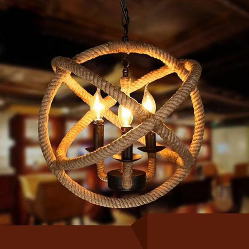 Contemporary Industrial Globe Iron Hemp Rope 3/4-Light Pendant Light For Dining Room