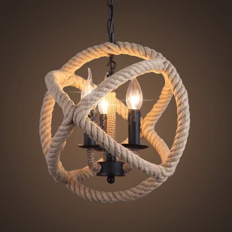 Contemporary Industrial Globe Iron Hemp Rope 3/4-Light Pendant Light For Dining Room