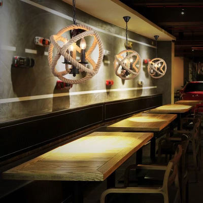 Contemporary Industrial Globe Iron Hemp Rope 3/4-Light Pendant Light For Dining Room