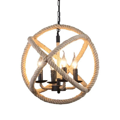 Contemporary Industrial Globe Iron Hemp Rope 3/4-Light Pendant Light For Dining Room