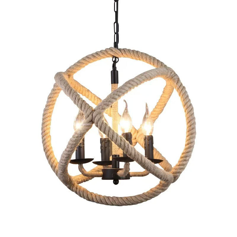 Contemporary Industrial Globe Iron Hemp Rope 3/4-Light Pendant Light For Dining Room