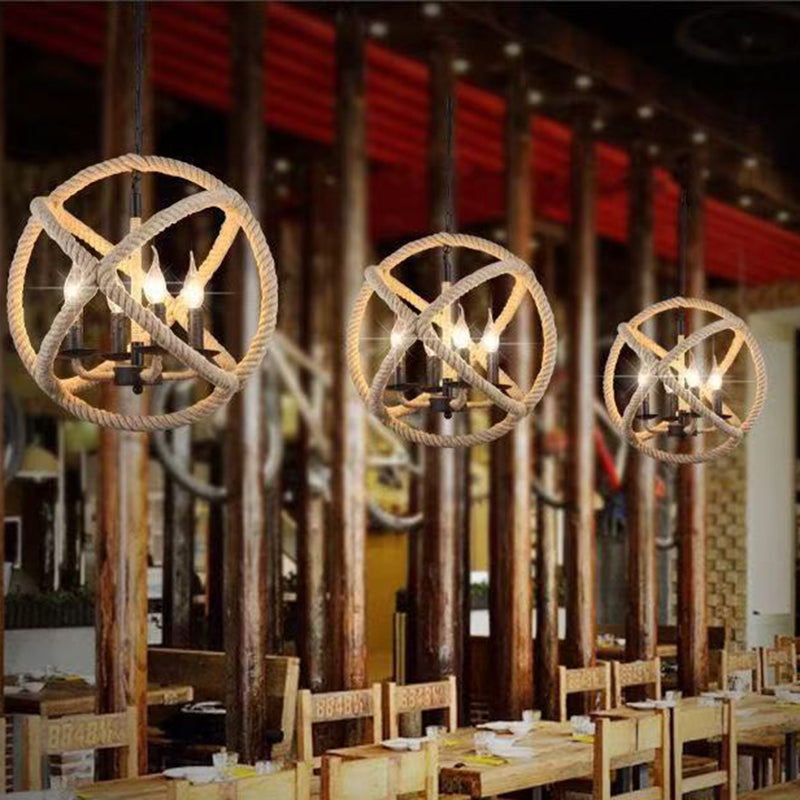 Contemporary Industrial Globe Iron Hemp Rope 3/4-Light Pendant Light For Dining Room