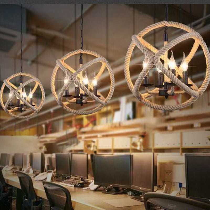 Contemporary Industrial Globe Iron Hemp Rope 3/4-Light Pendant Light For Dining Room