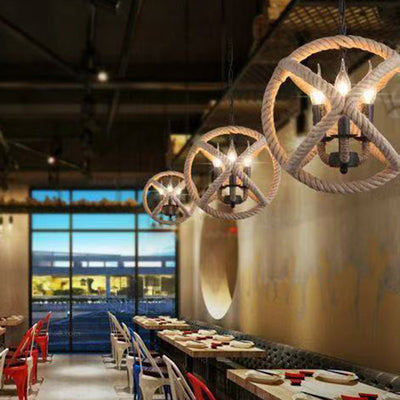 Contemporary Industrial Globe Iron Hemp Rope 3/4-Light Pendant Light For Dining Room