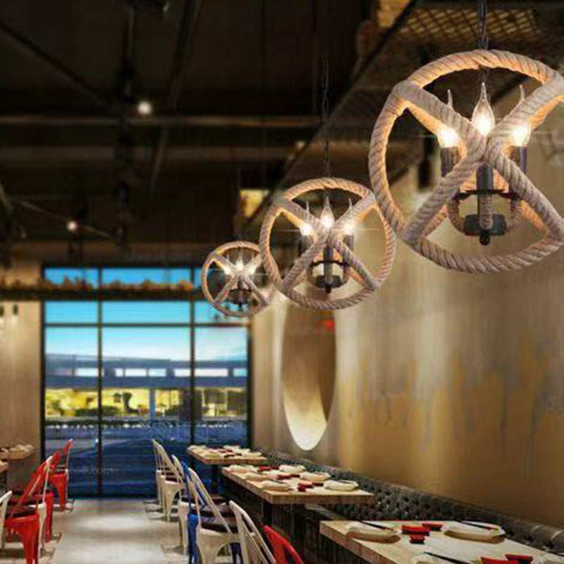 Contemporary Industrial Globe Iron Hemp Rope 3/4-Light Pendant Light For Dining Room