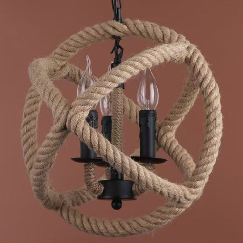 Contemporary Industrial Globe Iron Hemp Rope 3/4-Light Pendant Light For Dining Room