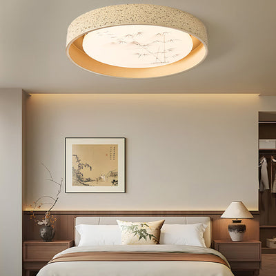 Traditional Chinese Round Bamboo Pattern Stone PE LED Flush Mount Ceiling Light For Living Room