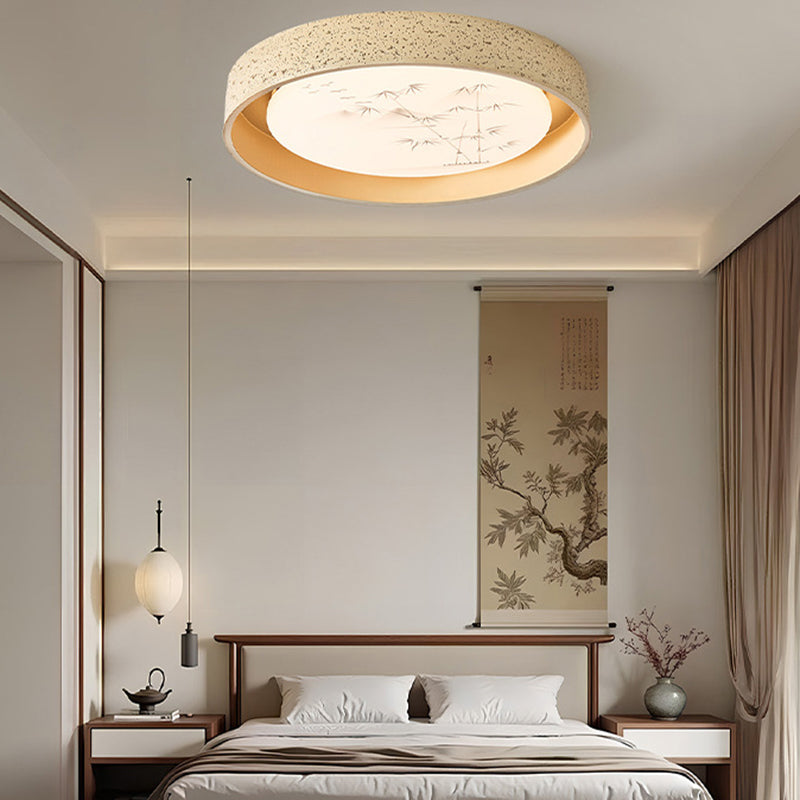 Traditional Chinese Round Bamboo Pattern Stone PE LED Flush Mount Ceiling Light For Living Room