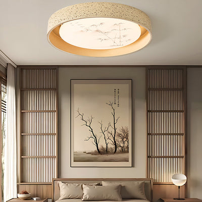 Traditional Chinese Round Bamboo Pattern Stone PE LED Flush Mount Ceiling Light For Living Room