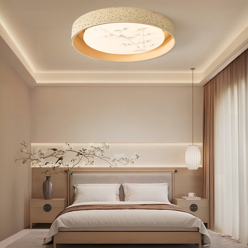 Traditional Chinese Round Bamboo Pattern Stone PE LED Flush Mount Ceiling Light For Living Room