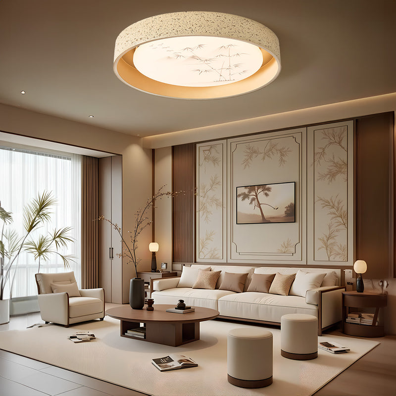Traditional Chinese Round Bamboo Pattern Stone PE LED Flush Mount Ceiling Light For Living Room