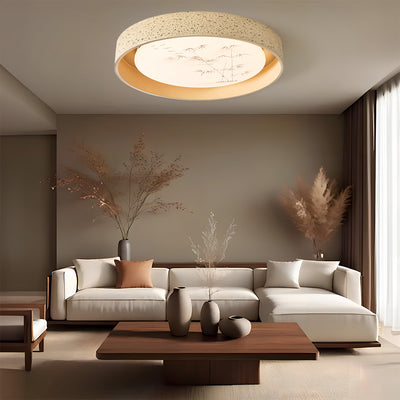 Traditional Chinese Round Bamboo Pattern Stone PE LED Flush Mount Ceiling Light For Living Room
