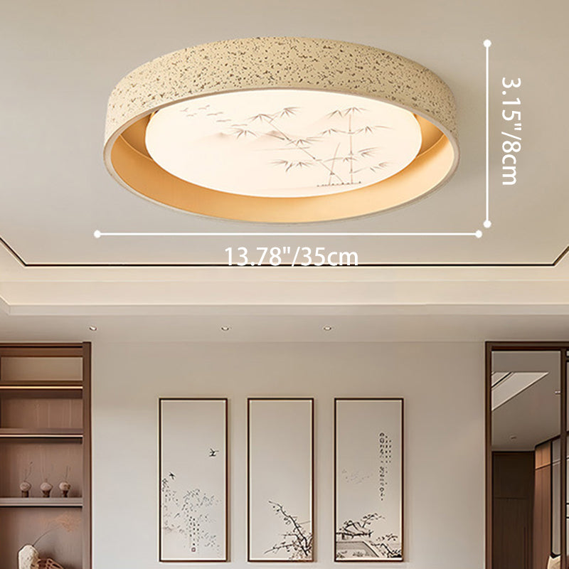 Traditional Chinese Round Bamboo Pattern Stone PE LED Flush Mount Ceiling Light For Living Room