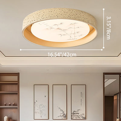 Traditional Chinese Round Bamboo Pattern Stone PE LED Flush Mount Ceiling Light For Living Room