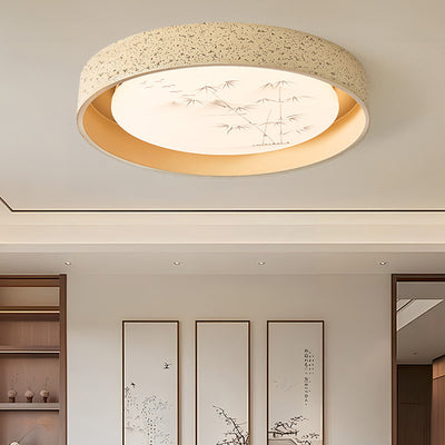 Traditional Chinese Round Bamboo Pattern Stone PE LED Flush Mount Ceiling Light For Living Room
