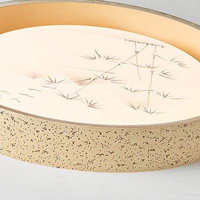 Traditional Chinese Round Bamboo Pattern Stone PE LED Flush Mount Ceiling Light For Living Room