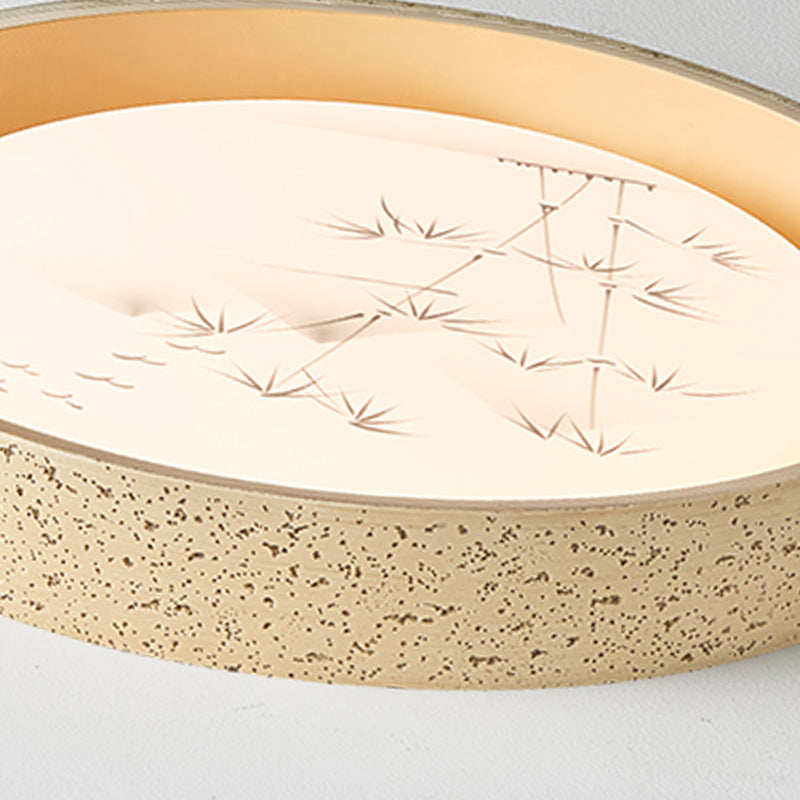 Traditional Chinese Round Bamboo Pattern Stone PE LED Flush Mount Ceiling Light For Living Room