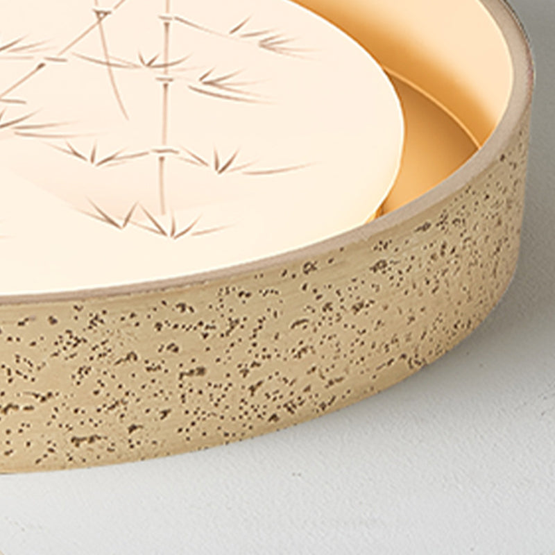 Traditional Chinese Round Bamboo Pattern Stone PE LED Flush Mount Ceiling Light For Living Room