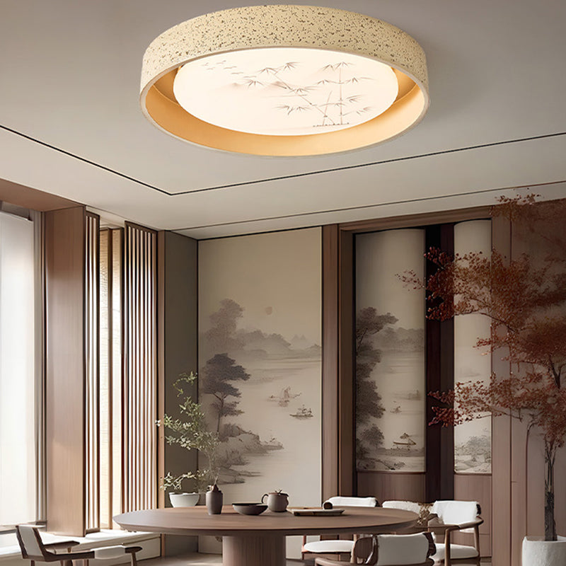 Traditional Chinese Round Bamboo Pattern Stone PE LED Flush Mount Ceiling Light For Living Room