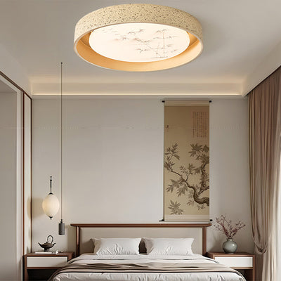 Traditional Chinese Round Bamboo Pattern Stone PE LED Flush Mount Ceiling Light For Living Room