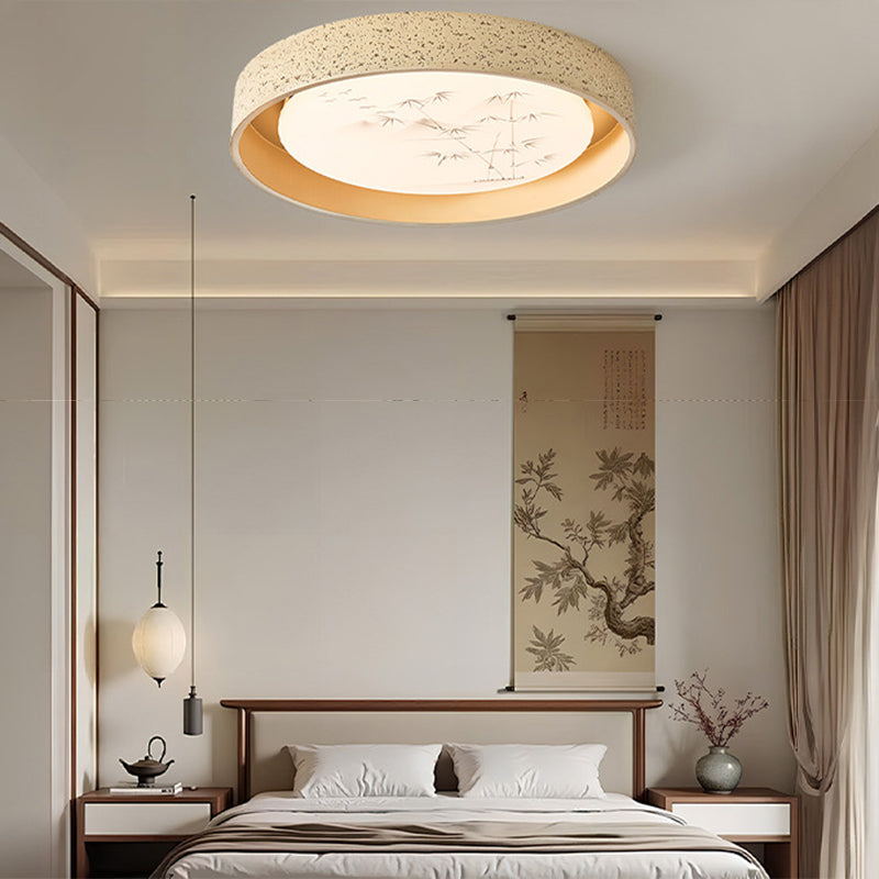 Traditional Chinese Round Bamboo Pattern Stone PE LED Flush Mount Ceiling Light For Living Room