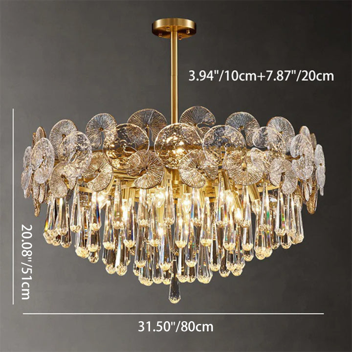 Traditional Luxury Round Teardrop Crystal Copper Glass 6/9/12-Light Chandelier For Living Room