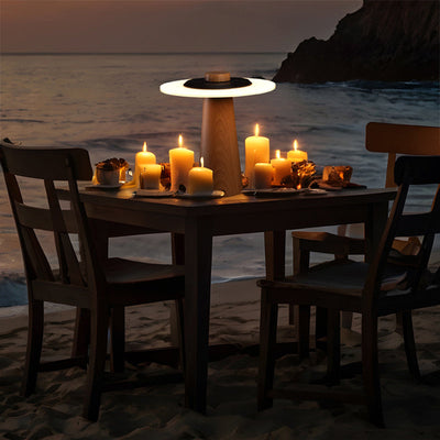 Contemporary Nordic Waterproof Wood PC ABS Round LED Outdoor Table Lamp For Outdoor Patio