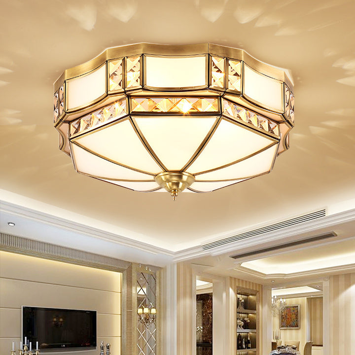 Traditional European Copper Glass Crystal Round 3/4/6 Light Flush Mount Lighting For Living Room