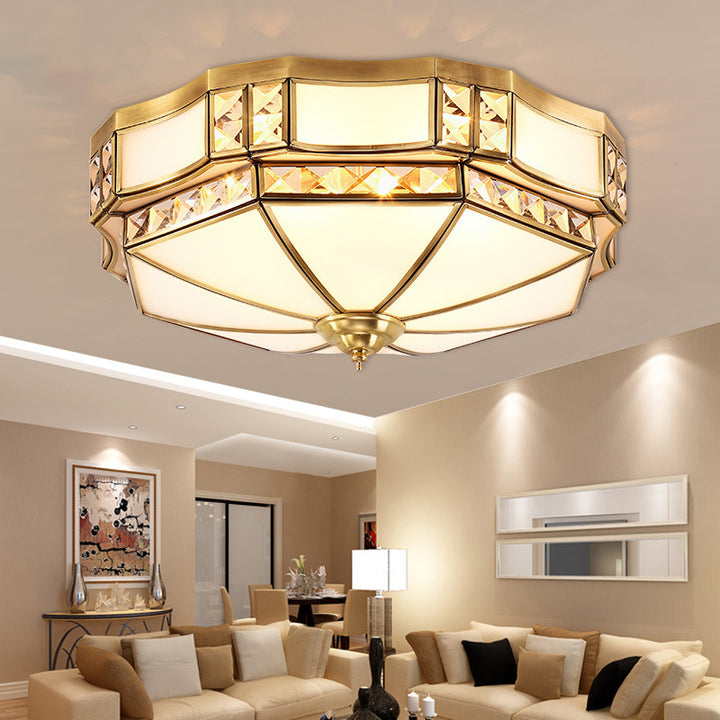 Traditional European Copper Glass Crystal Round 3/4/6 Light Flush Mount Lighting For Living Room